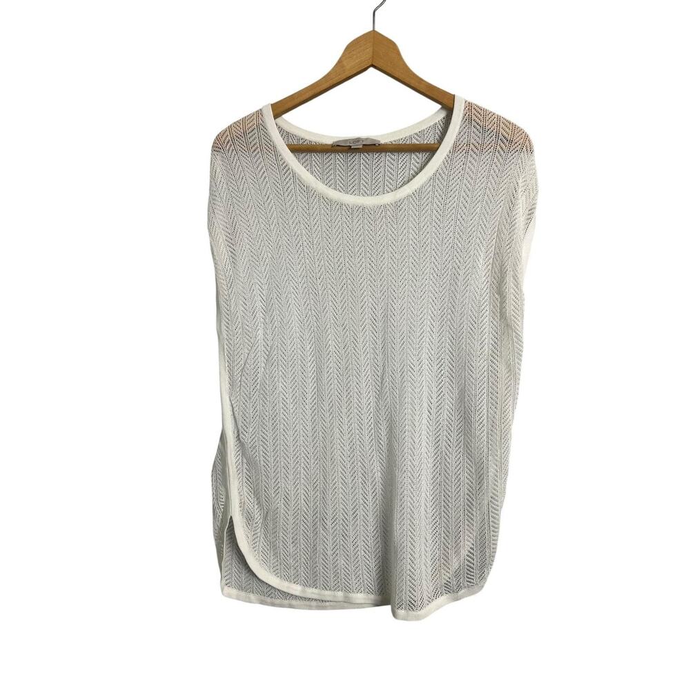 Ann Taylor LOFT Sheer Knit Blouse Womens Small White Herringbone Cap Sleeve
